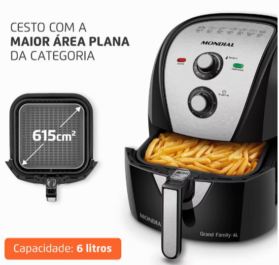 Fritadeira Elétrica Sem Óleo Air Fryer - 6L Preta/Inox