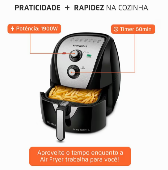 Fritadeira Elétrica Sem Óleo Air Fryer - 6L Preta/Inox